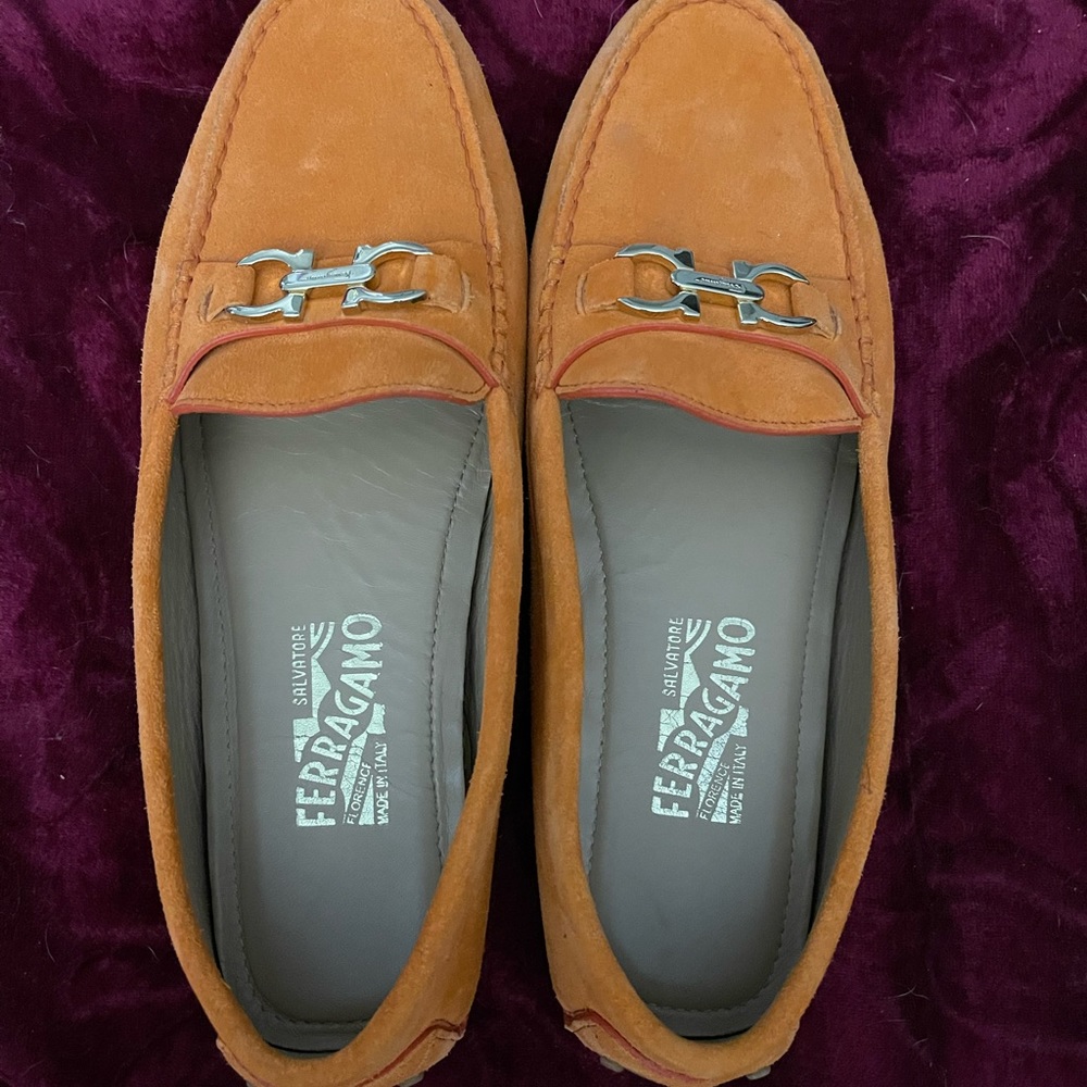 Authentic Orange Salvatore Ferragamo moccasin loafers suede shoes size 9 1/2